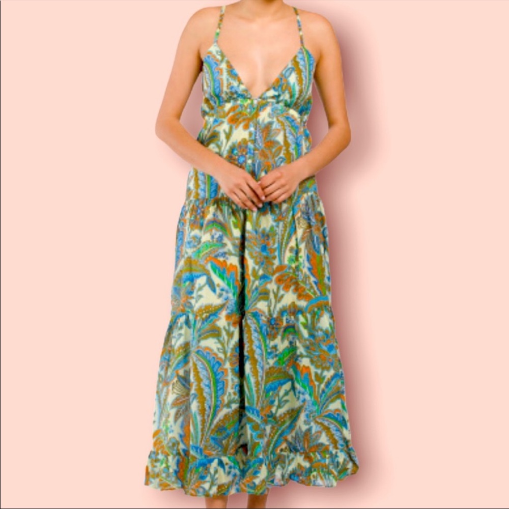 House of Harlow Boho Floral Ivory/
Blue Open Tie Cami Back Maxi‎ Dress Small